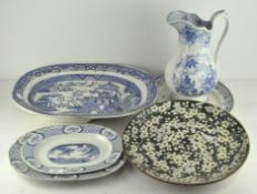 A collection of Blue and white ceramics, including large meat plate, pouring jug and more,