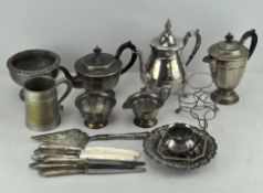 A collection of silver plated wares, including tea pot, coffee pot and more
