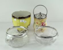 A Royal Bonn biscuit barrel with metal mounts, two glass bowls with EPNS rims and a jardiniere