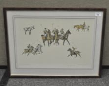 A signed limited edition print depicting horses and polo players on horseback, no 78 of 300,