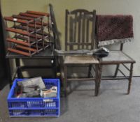 A mixed lot of furniture and other items, including: a wine rack, bed warmer,