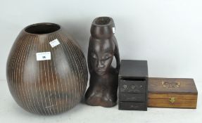 Assorted wooden wares, including small tabletop lacquered three drawer chest,