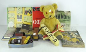A collection of vintage toys, comprising dinky cars, Empire dominoes,