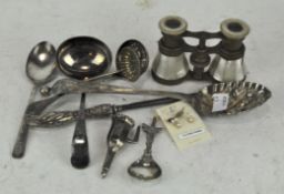 Assorted items, including mother of pearl inlaid opera glasses, silver mounted sewing hook,