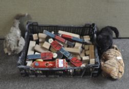 A collection of vintage soft toys, wooden soldiers, blocks,