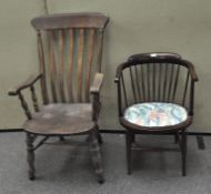 An oak kitchen armchair and a mahogany tub armchair with spindle back,