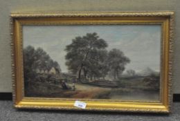 A gilt framed oil on board depicting a traditional country landscape, 24cm x 43cm,