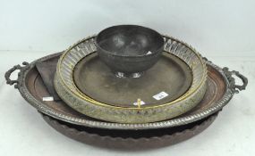 A collection of brass ware, including: a two-handled copper tray,