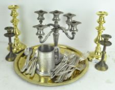 A collection of silver plate and other metalware, to include a four branch candelabra,