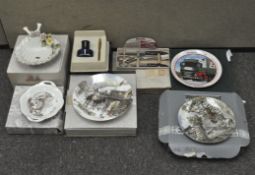 A collection of ceramics, comprising wall plates and more,