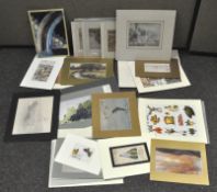A collection of pencil sketches, watercolours and prints, including landscapes,