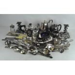 A collection of silver plated and metalware, including: tea and coffee pots, a footed dish,