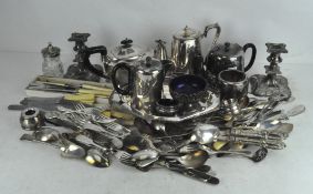 A collection of silver plated and metalware, including: tea and coffee pots, a footed dish,