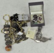 A collection of yellow metal and costume jewellery, to include yellow metal brooch,