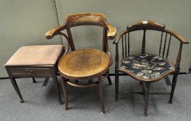 An Edwardian corner chair, bentwood chair and a piano stool,