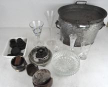 A metal bucket and stand, a Venetian style glass goblet, a collection of lead weights,