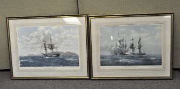 Two large framed and glazed pictures depicting masted ships at sea,