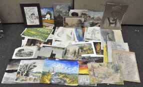 A collection of assorted watercolours and prints, including landscapes, portraits,