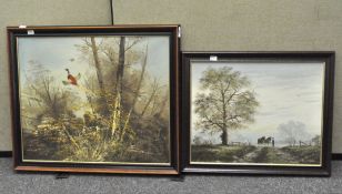 B Oldfield, oil on canvas, figure leading shire horses; another signed Ferdinand, with pheasants,