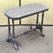 A grey/blue painted side table, raised upon turned supports,