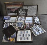 A collection of framed pictures and prints, subjects including classic cars,