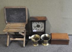 A brass pestle and mortar, and another pestle, a Waterbury Clock Co.