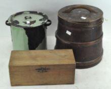 A coopered wooden box, of cylindrical form,