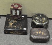 Four Oriental lacquered boxes, three with traditional gilt inlaid decoration,