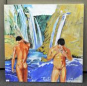 Oil on canvas, nudes before a waterfall,