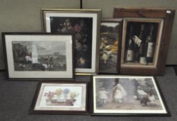 A collection of pictures and prints, all framed, including 'Gone Away' showing a hunt,