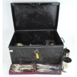 An early large metal storage trunk, with key; containing a selection of silver plated wares,
