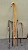 A group of five assorted walking sticks, including carved wood and crook examples,