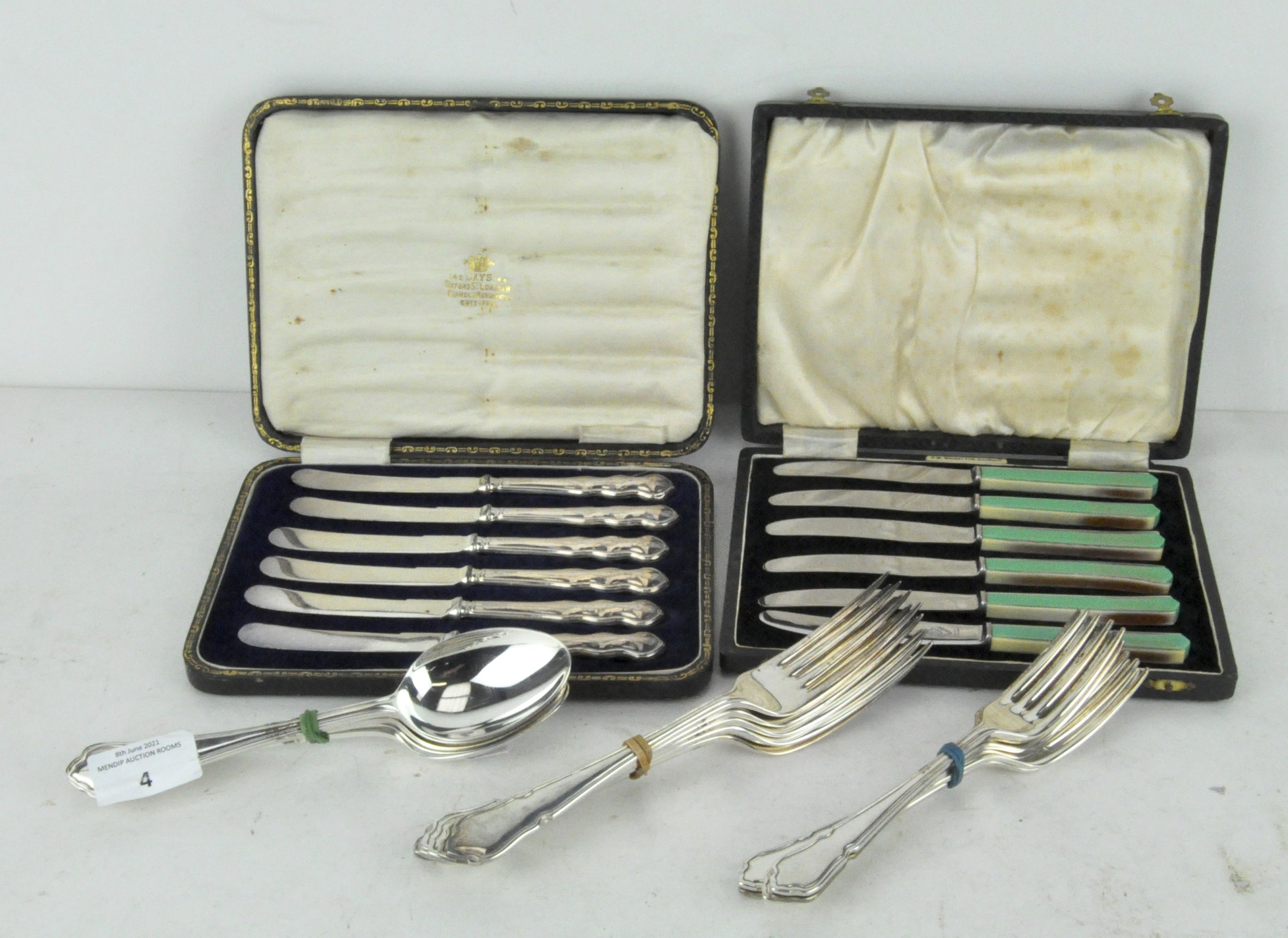 A group of silver plate including silver handled knives in original fitted case
