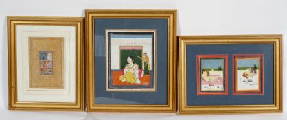 Indian miniatures, a pair of erotic scenes, watercolour and gilding, in one frame,