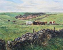 Rebecca Veasey, Longhorn Cows at Velvet Bottom, oil on canvas, signed and dated 1995 lower left,