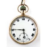 An open face pocket watch. Circular white dial with roman numerals.