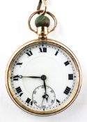 An open face pocket watch. Circular white dial with roman numerals.