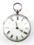 A large open face pocket watch. Circular white dial with roman numerals. Key wound movement.