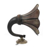 An early wooden gramophone horn on metal base with chain attachment, early 20th century,