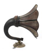 An early wooden gramophone horn on metal base with chain attachment, early 20th century,