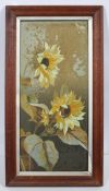 F Philp, oil on tin, Sunflowers, signed and dated 1897, framed,