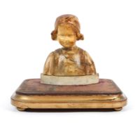 A marble bust, of a girl, indistinctly signed to back, on giltwood base (damages and repairs,