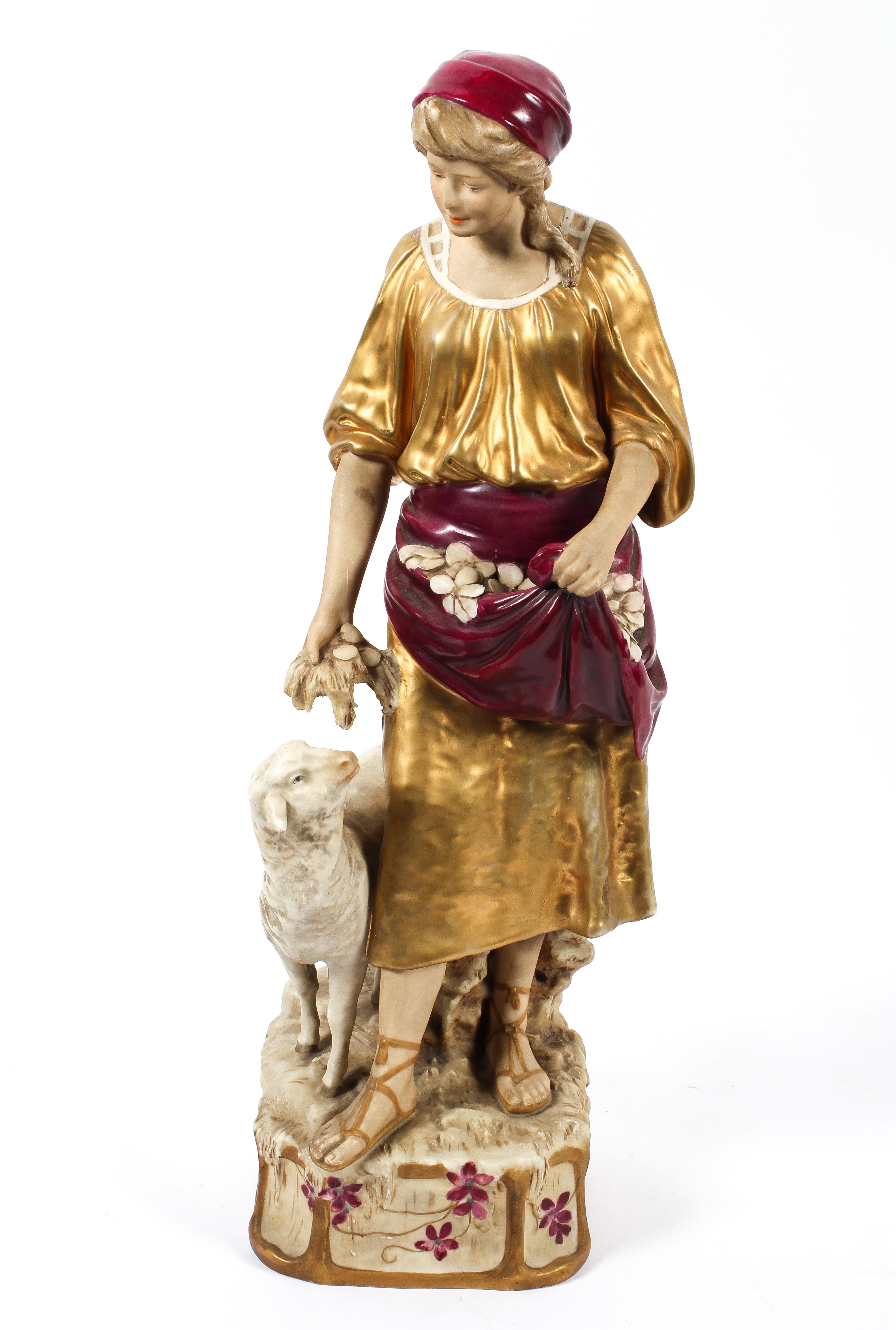 A large Royal Dux figure of a shepherdess, circa 1900, impressed, printed and applied pad mark,