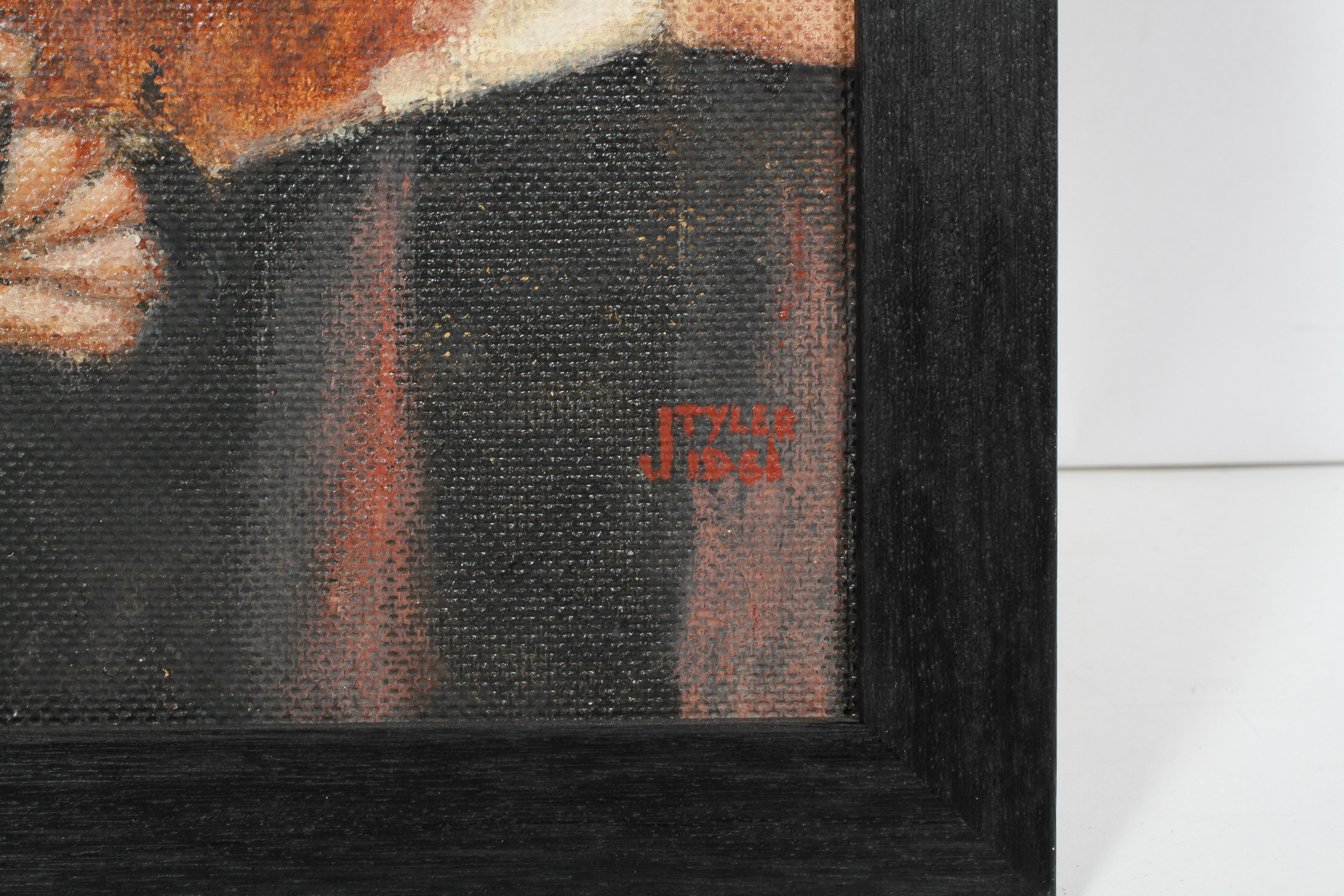 J Tyler, 1961, portrait of Adrian Hill with palette, oil on board, framed, signed lower right, - Image 3 of 4