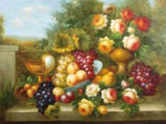 20th Century School, Still Life of Fruits in garden landscape, oil in canvas, unframed,