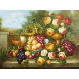 20th Century School, Still Life of Fruits in garden landscape, oil in canvas, unframed,