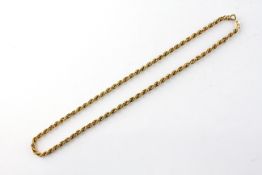 A yellow metal 16 inch rope link chain, bolt ring clasp. No hallmark - stamped 750.