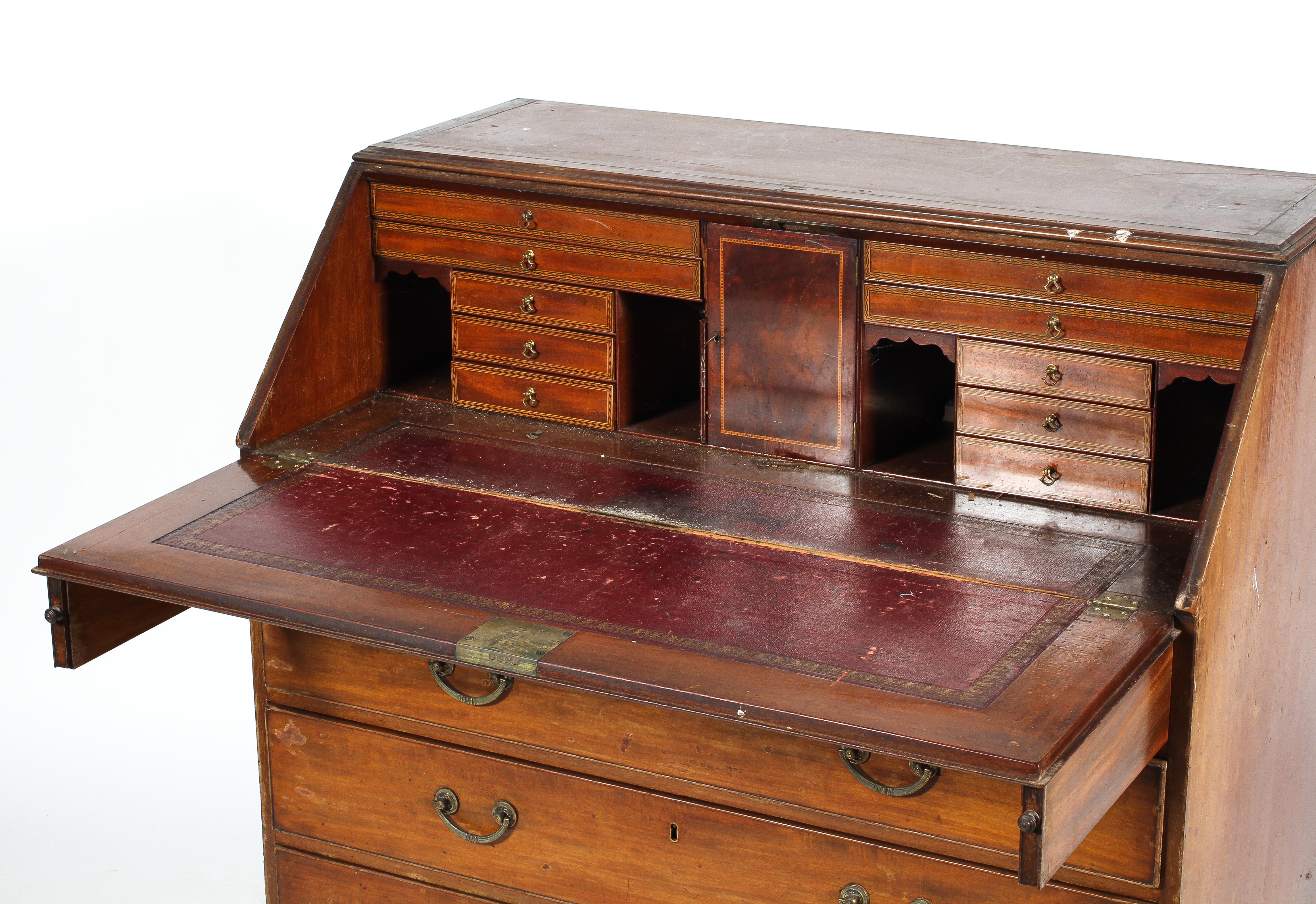 A George III mahogany bureau, the fall front revealing interior fitted with pigeonholes, - Image 2 of 2