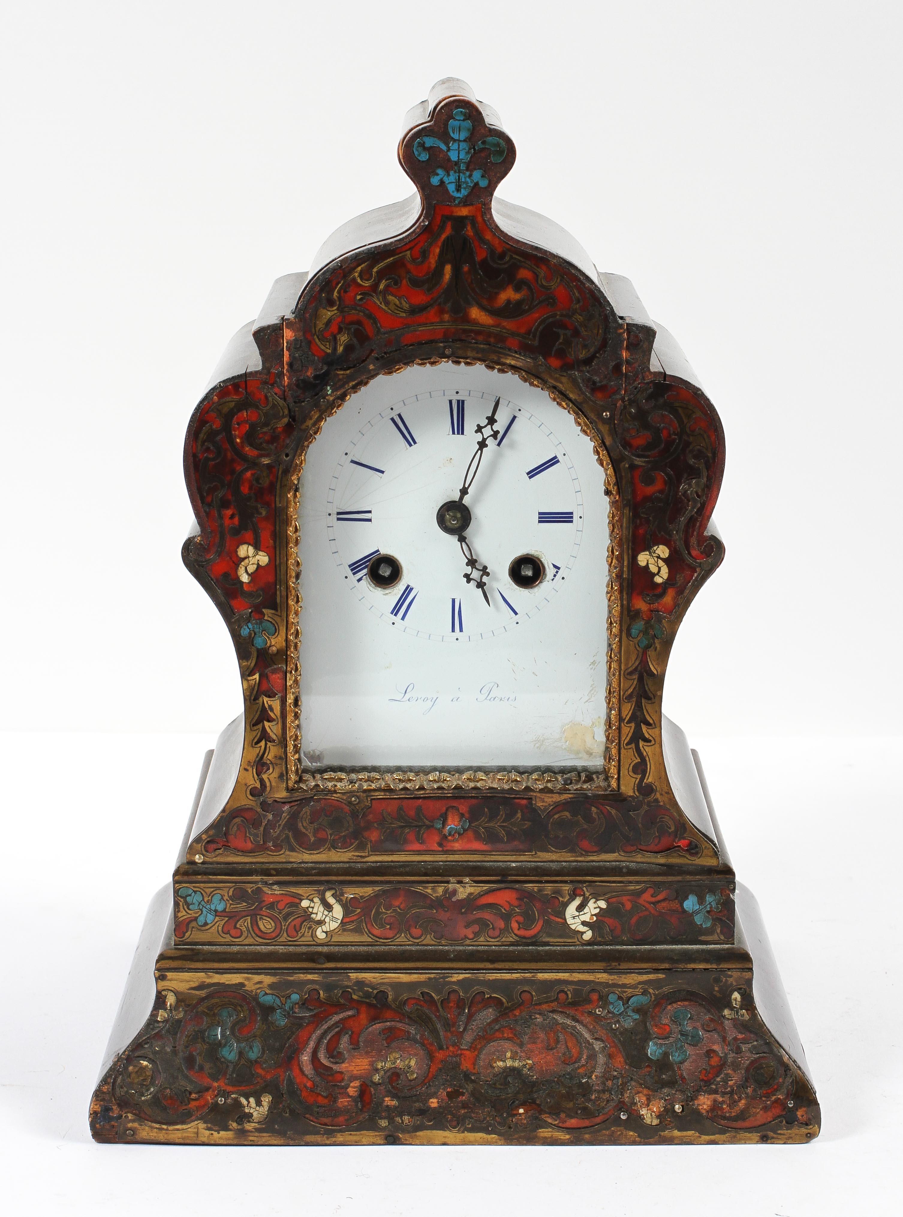 19th century French simulated boulle work striking mantle clock, with ebonised scroll-shaped case,