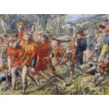 Sir John Gilbert, print of a processional boar hunt, framed and glazed,